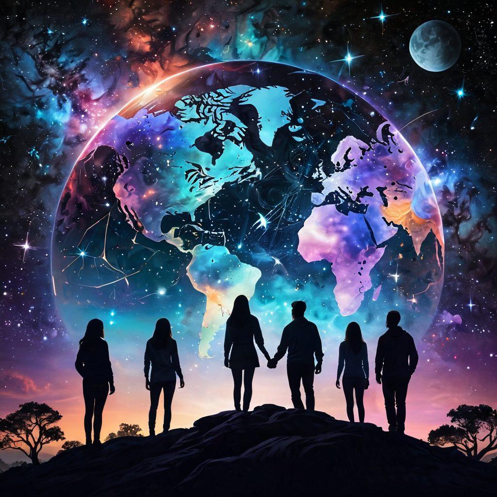 A breathtaking cosmic scene depicting vibrant constellations intertwined with human silhouettes symbolizing love and individuality. Ethereal connections made of luminous energy stretch across a starry background, representing the bond between people on Earth. The globe is subtly incorporated, highlighting diverse cultures and landscapes beneath the celestial wonders. Dreamy colors merge, creating a sense of harmony and exploration. super-realistic. vibrant colors. deep space backdrop.