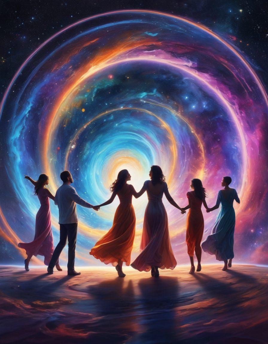 A cosmic scene depicting a swirling galaxy with vibrant colors, where individual figures represent unique personalities dancing amidst the stars. Connecting lines of light symbolize relationships, weaving around the characters as they orbit a radiant heart at the center. Ethereal elements like planets and nebulae enhance the sense of vastness and connection. super-realistic. vibrant colors. space art.