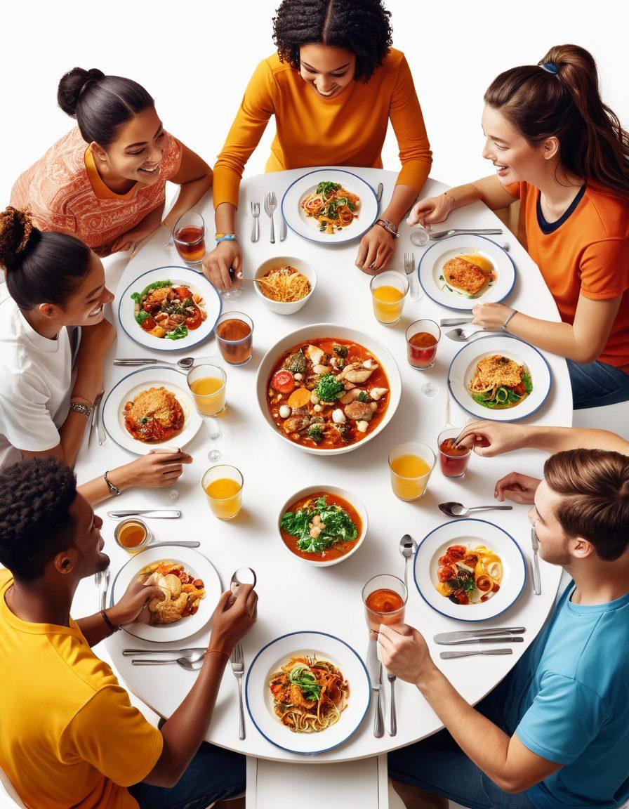 A vibrant scene depicting diverse individuals engaged in various activities that symbolize friendship, like sharing a meal, participating in sports, and collaborating on art projects. The background features elements representing different cultures, emphasizing unity and connection. Warm, inviting colors enhance a sense of joy and passion. super-realistic. vibrant colors. white background.